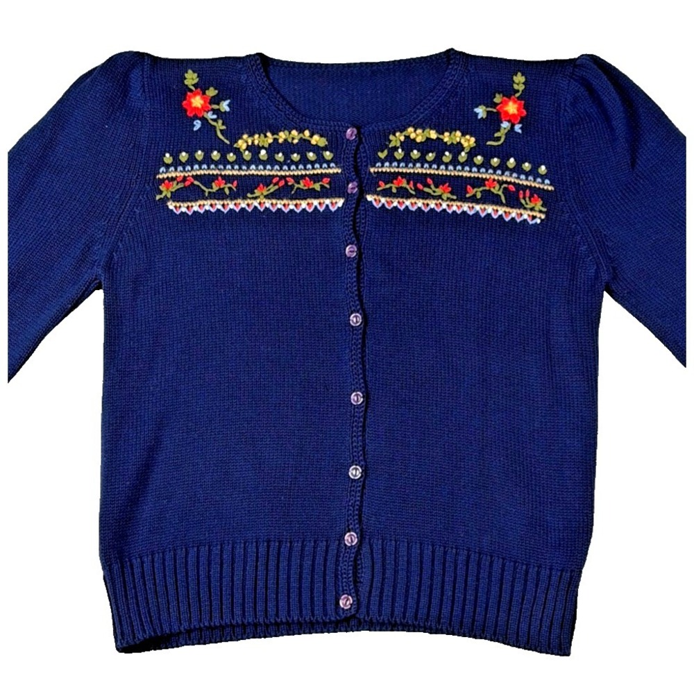Vintage Cardigan Sweater Women Size Medium Blue Floral Embroidered Cottagecore